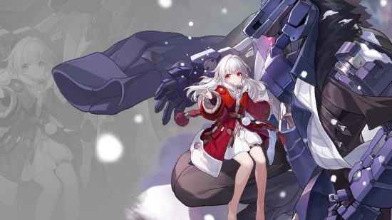 A white haired girl sits in the arms of a huge mech.