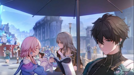 Honkai Star Rail free Stellar Jade: March 3rd and the Trailblazer converse at a table for an outdoor cafe in Belobog, with March 3rd sipping her drink from a straw while Dan Heng sits back with a book.