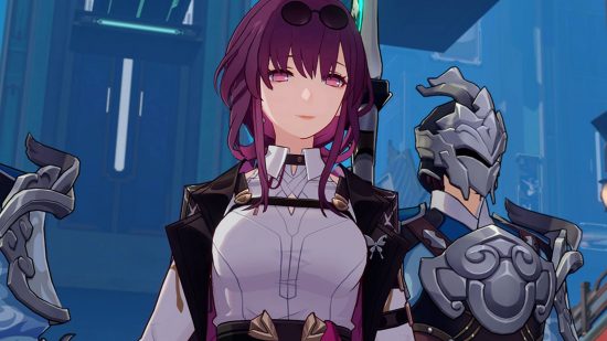 One Honkai Star Rail light cone is very NSFW: A woman with deep purple hair in a bob stands with robots beside her wearing a white outfit with a black jacket