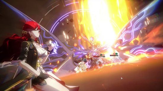 Honkai Star Rail review: Himeko, a red-haired women dressed elegantly in a white dress and adorned with gold jewellery, sits back and sips from a teacup as an explosion occurs in the background.