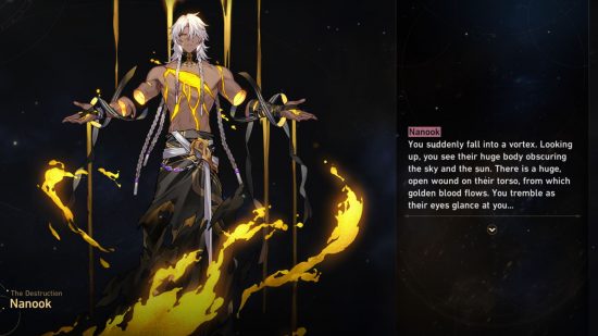 Honkai Star Rail review: A traditional text-based RPG menu screen in Simulated Universe, depicting an illustration of Nanook, the god of destruction, bleeding a strange golden light with accompanying flavour text.