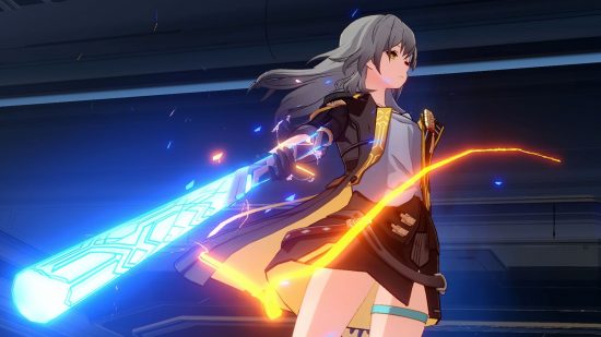 Honkai Star Rail review: The Trailblazer, Star Rail's silver-haired protagonist, stands ready with her baseball bat, which is imbued with blue light.