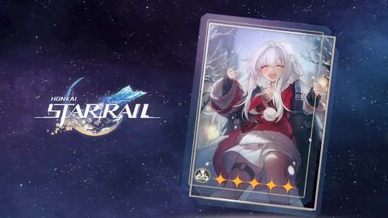 A picture of a playing card with a girl with white hair playing in the snow.