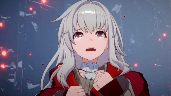 Honkai Star Rail tier list: Clara, a young girl dressed in an oversized red jacket, looks towards the viewer in horror with tears in her eyes, embers flying around her.