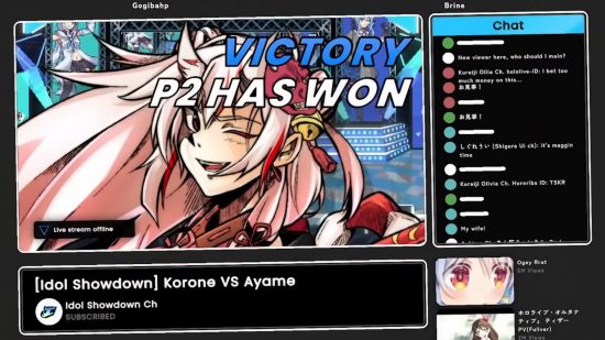 Idol Showdown - the victory screen, which resembles a live stream with a chat window on the right-hand side
