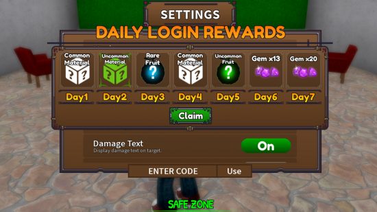 King Legacy Daily Login rewards and codes menu, showing the 'enter code' box in-game.