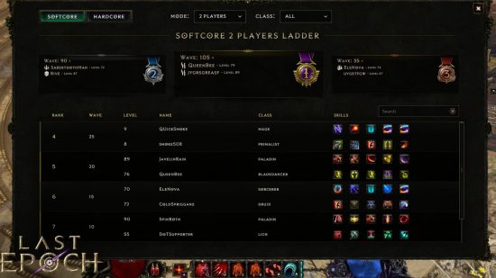 Last Epoch ladder - screenshot showing the competitive ladder leaderboard for the Diablo style action RPG game