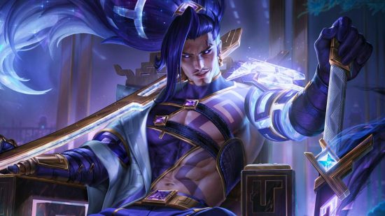 League of Legends may get a huge Dota 2 style update: An Asian man with blue hair in a ponytail sits on a throne holding a katana with tattoos across his bare chest