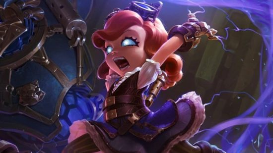 The League of Legends meta is "in flux," Riot Brightmoon says: A little girl with red hair and glowing blue eyes wearing a purple dress with white leather frills raises her hand conjuring purple mist
