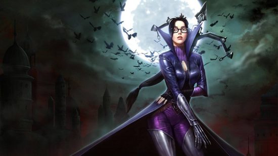A woman with black long hair and glasses stands in front of the full moon with bats behind her wearing a high necked purple coat holding a crossbow