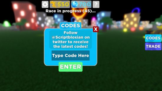 The in-game redemption box for Legends of Speed codes, prompting the player to follow the official Twitter page.