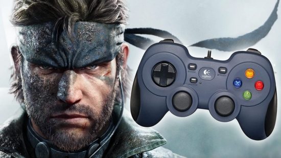 Image of Snake from Metal Gear Solid Delta Snake Eater with Logitech F310 controller on right.