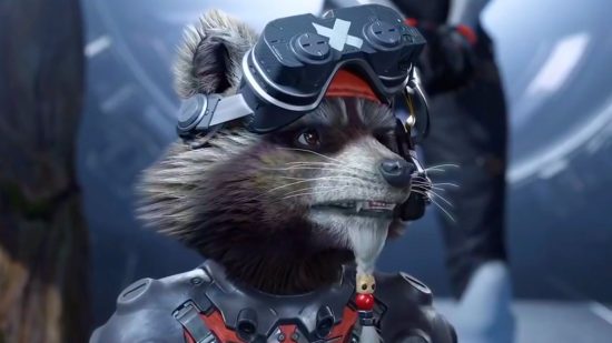 Follow up Guardians of the Galaxy 3 with a Marvel game bargain: a raccoon with a beard, goggles on his forehead, and a slightly annoyed expression