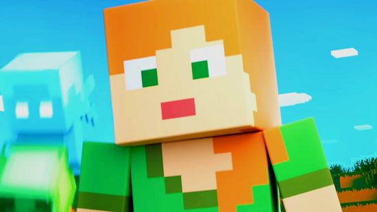 Minecraft allegedly bans guns and firearms in custom servers: A blocky character with red hair and a green jumper from Mojang building game Minecraft