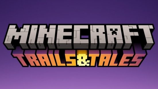 شعار تحديث Minecraft Trails & Tales ، يظهر اسم التحديث بخط Minecraft كبير الحجم ممتلئ الجسم على خلفية من اللون الأرجواني.