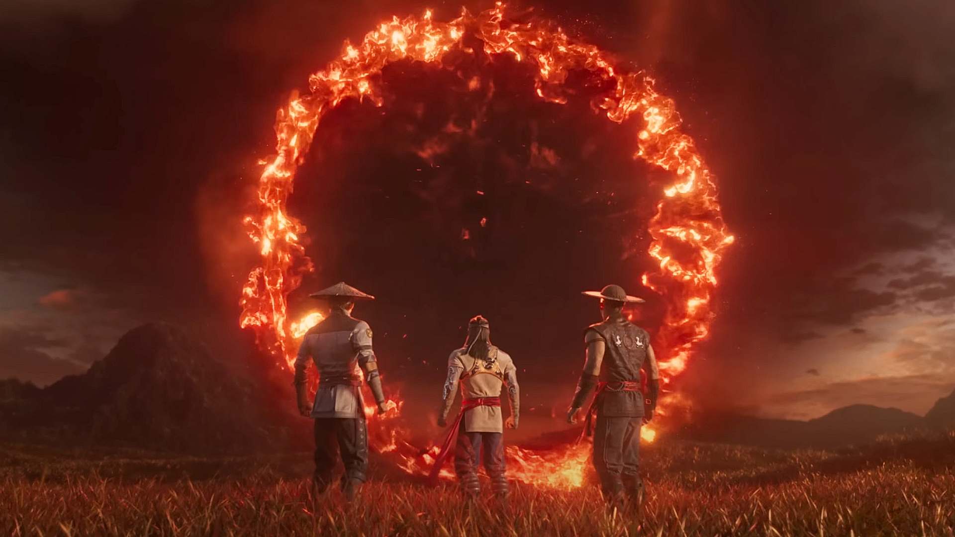 Mrotal Kombat 1 screenshots with characters looking at red glowing circle in the sky