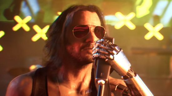 Johnny Silverhand from Cyberpunk 2077 holds a microphone to his hand with a robotic arm.