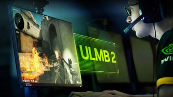 Nvidia G-Syc ULMB 2: A gamer (right) stares in awe at their gaming monitor (left)