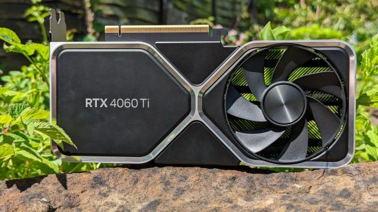 Nvidia GeForce RTX 4060 Ti 8GB review: The Founders Edition card sits amongst greenery atop a rock