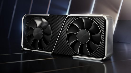 Picture of an Nvidia GeForce RTX 3060 Ti on a black backdrop with white lights