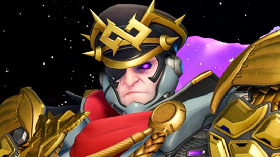 Overwatch 2 Sigma bug - the Galactic Emperor mythic skin for the tank hero, a grey, gold, and red outfit in the style of a space commander
