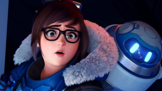 Overwatch 2 PvE canceled - hero Mei gives a shocked expression as she looks out through a door