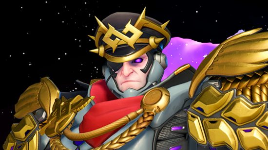 Overwatch 2 Starwatch event - Galactic Sigma, with glowing purple eye, an eyepatch, a grey space-legion suit, and a black military cap with golden trim