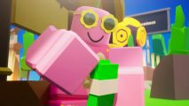 A pink Roblox character counts a sheaf of Robux bills while wearing flower power sunglasses after redeeming PLS Donate codes.