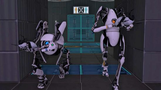 The time travel mod that's basically Portal 3 now has co-op: two robots, one short and the other tall, run towards the screen holding Portal guns