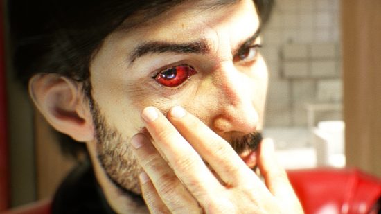 Prey players writer letter to Bethesda asking for a sequel: A man with a red, bionic eye looks in the mirror in Bethesda FPS game Prey