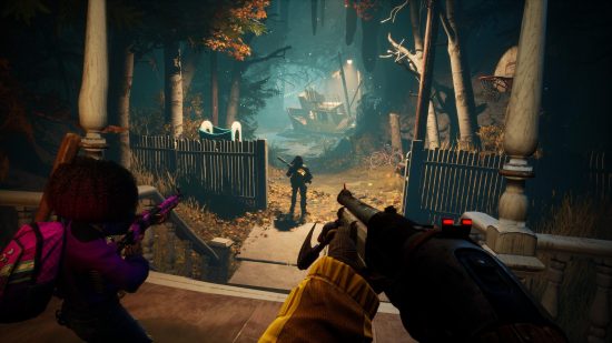 Redfall weapons: a first-person view of a Redfall character wielding a shotgun while walking down an eerily-lit path.