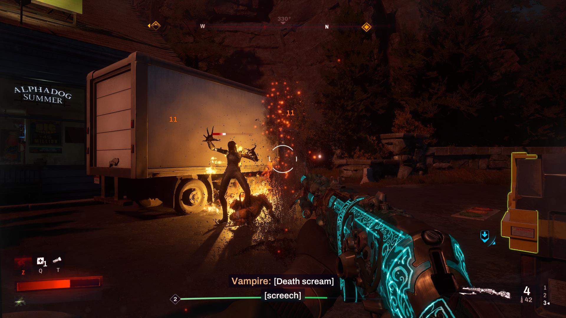 Redfall weapons: a first-person view of a character wielding a glowing blue shotgun while opening fire on enemies.