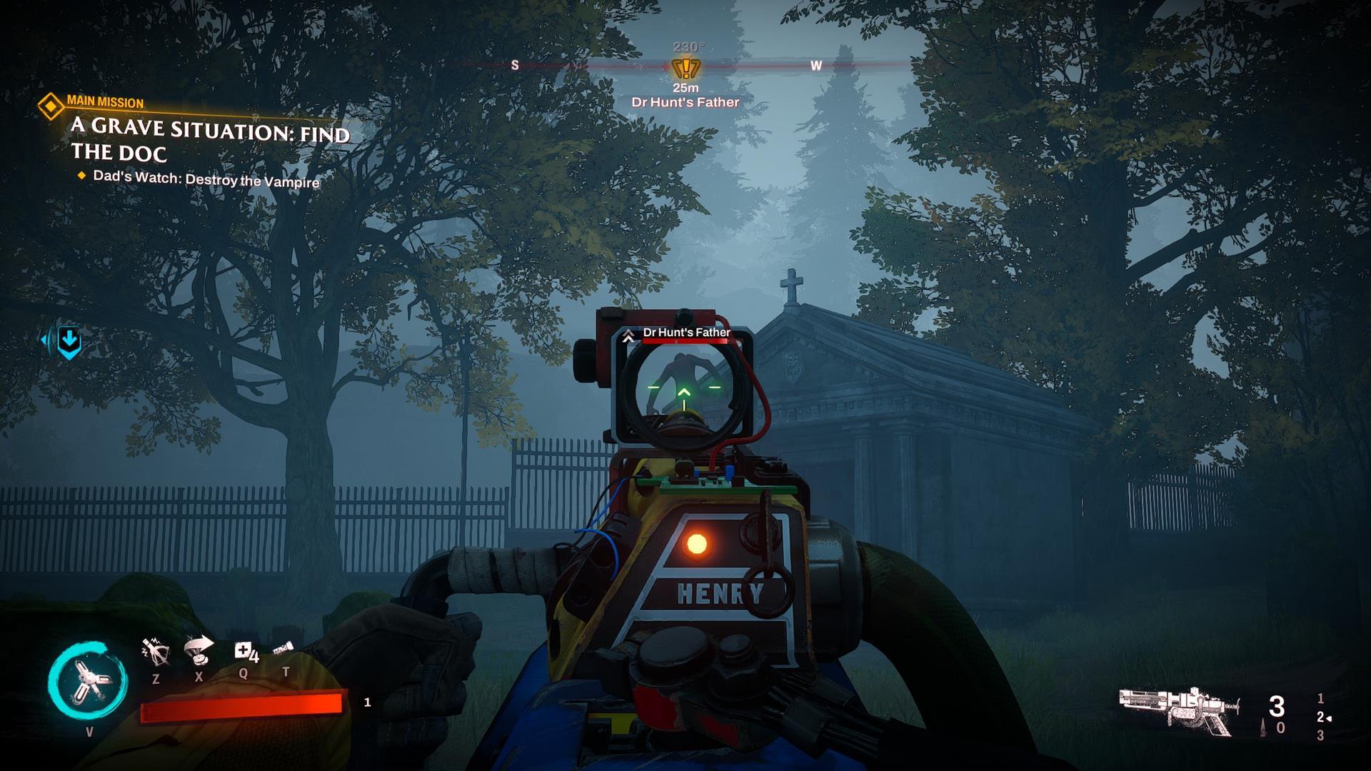 Redfall weapons: a first-person view of a character firing a stake launcher at a distant enemy.