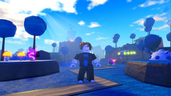 Roblox Anime Adventures Codici - Il giocatore è in piedi sul Pianeta Namek, su una strada con Goku Black su una collina e Jotaro fuori dalla base nemica