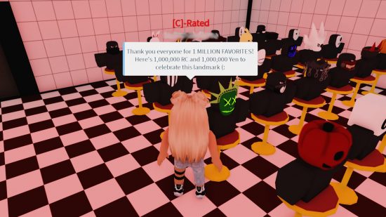 Roblox Ro Ghoul codes: a character stands in the diner in Ro Ghoul with a message above her head reading "Thank you everyone for 1 million favorites! Here;s 1,000,000 RC and 1,000,000 Yen to celebrate this landmark".