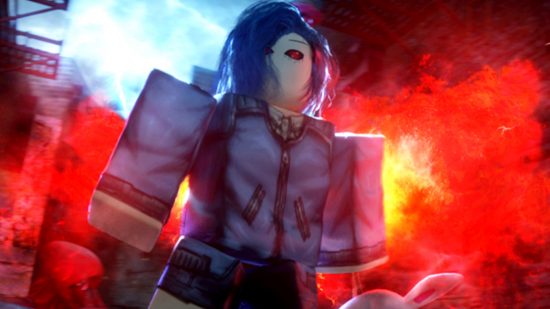 Ro Ghoul codes: A roblox character looks into the distance with red eyes glowing through their blue hair.