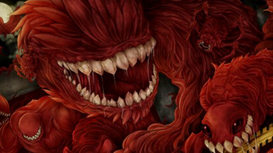  A red monster with large pointy teeth snarls, drool dripping from its mouth.