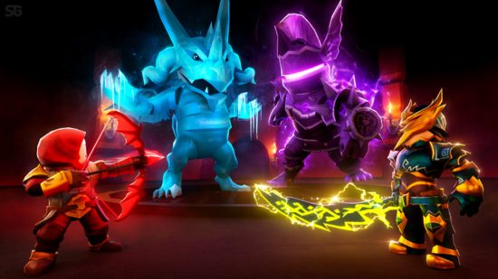 A group of glowing, colourful monsters stand in a line.