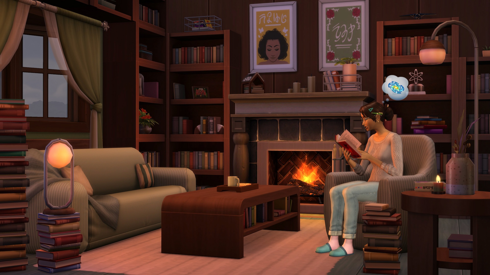 A Sim from The Sims 4 sitting on her sofa reading a book
