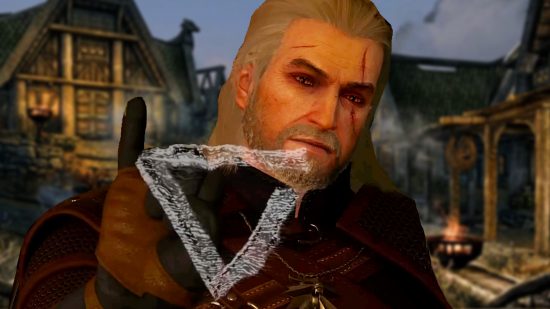 Skyrim mod puts Witcher 3 magic in Bethesda RPG - Geralt of Rivia using the Axii sign, a downwards-pointing white triangle, in the Skyrim town of Whiterun