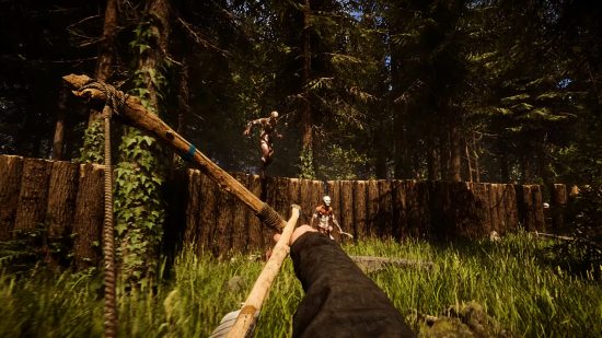 Sons of the Forest patch 6 - a player with a bow defends a base against two cannibals