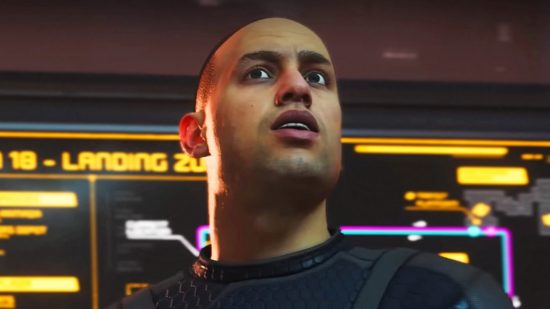 Star Citizen patch 3.19 - a man with a shaved head looks around a space station with a slightly confused expression on his face
