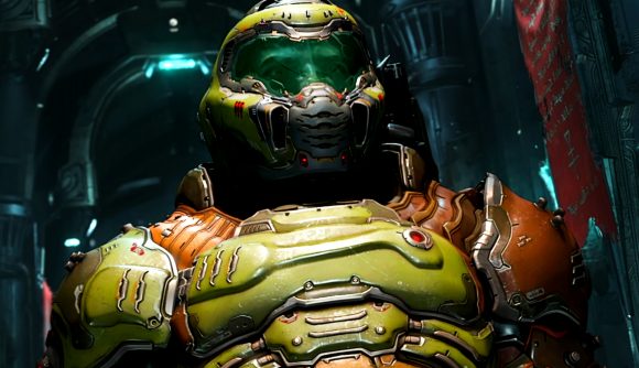 Steam Sale on modern FPS games - the Doomslayer from Doom Eternal, a marine in a green-tinted space suit.