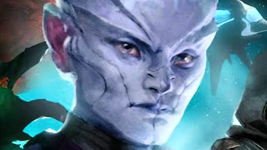 Stellaris Steam sale - a blue-skinned alien with intentations across its face resembling gills, part of the new Galactic Paragons DLC released alongside cheap deals on the 4X space game