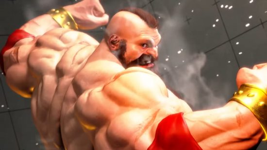 Street Fighter 6 Benchmarking Tool: Zangief puffs up his muscles, red in the face, sweat dripping across his body