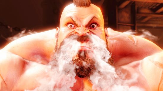 Street Fighter 6 just got Denuvo, two days before launch: A giant fighter with a beard, Zangief from fighting game Street Fighter 6, snorts steam