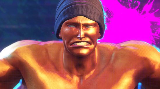 Street Fighter 6 Game Pass - a very golden-looking man with clear eyes grimacing. He is wearing a black beanie.