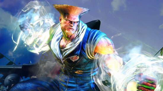 Guile standing with his arms stretched as his hands burst with glowing energy