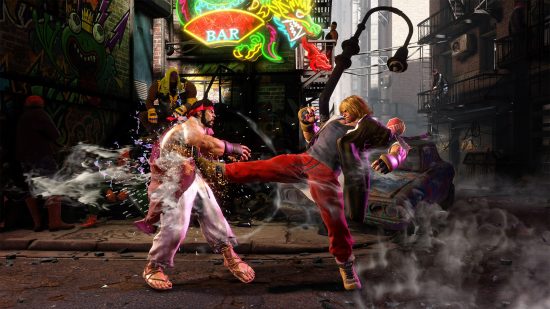 Street Fighter 6 Ken is using the first kick of his Jinrai combo against Ryu.