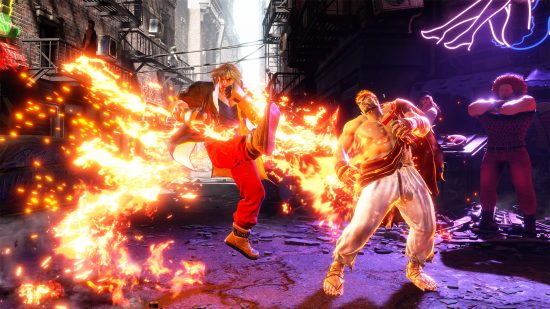 Street Fighter 6 Ken is using a Tatsumaki against Ryu in a crowded alleyway.
